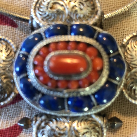 VINTAGE Etched Sterling Silver 925 Orange Blue stones Serpentine Chain Southwest - Picture 9 of 16